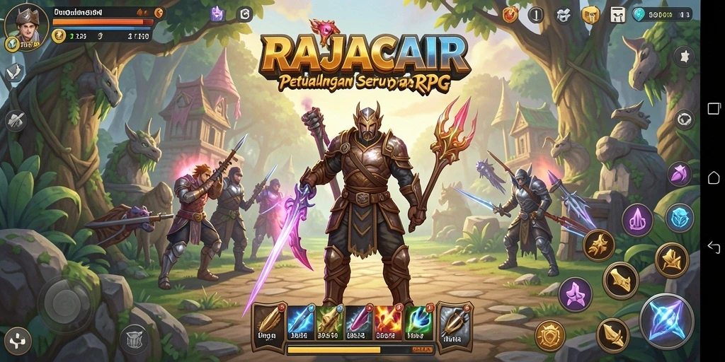 Antarmuka menarik dari game RAJACAIR yang menggambarkan dunia RPG.